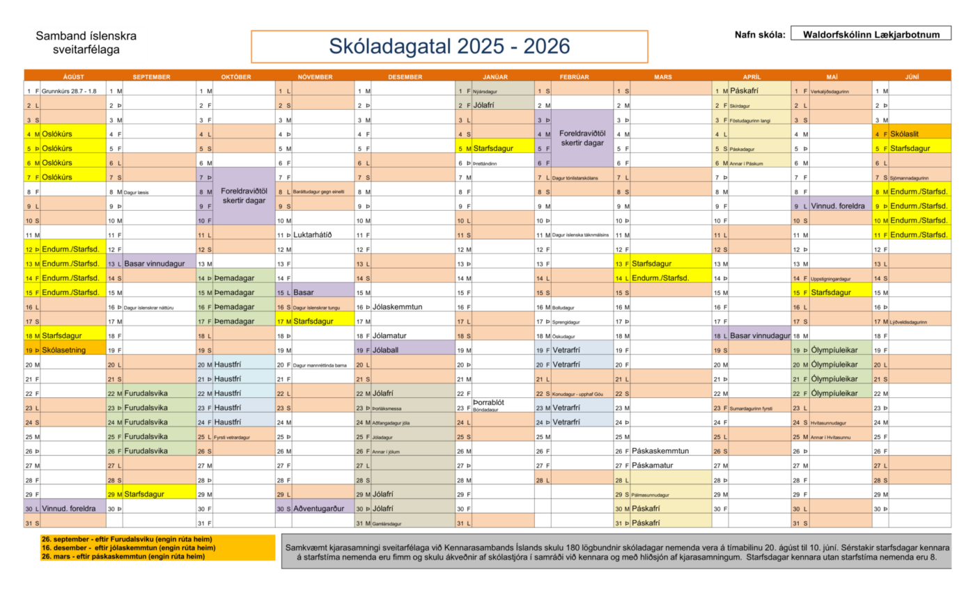 Skóladagatal 2025-2026